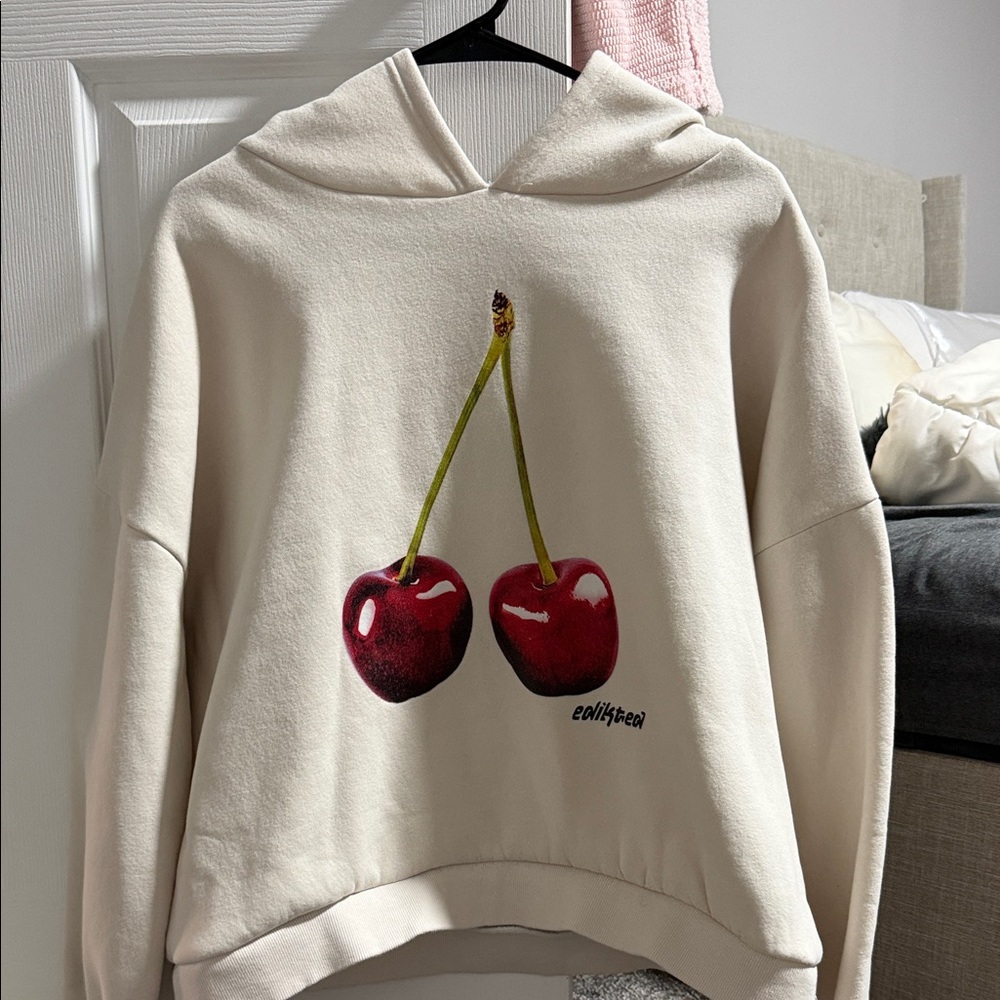 Edikted Casual Cream Hoodie Sweater with Cherry Graphic